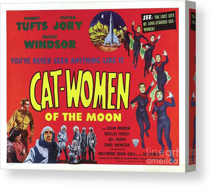 Cat Canvas Print featuring the painting Vintage Movie Posters, Cat-Women of the Moon by Esoterica Art Agency