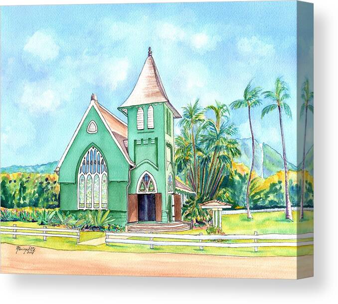 Hanalei Church Canvas Print featuring the painting Wai'oli Hui'ia Church by Marionette Taboniar