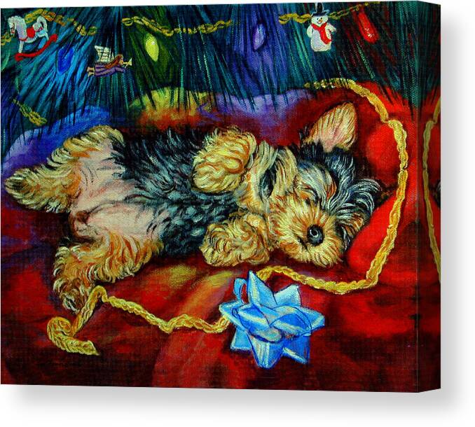 Yorkshire Terrier Canvas Print featuring the painting Waiting for Santa Yorkshire Terrier by Lyn Cook