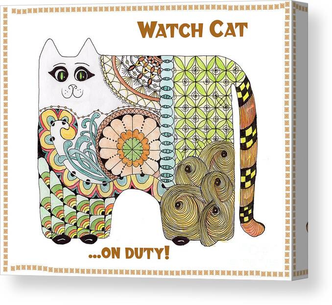 Kitty Cat Zentangles Doodles Watercolor Geometrics Canvas Print featuring the tapestry - textile Watch Cat...on duty by Ruth Dailey