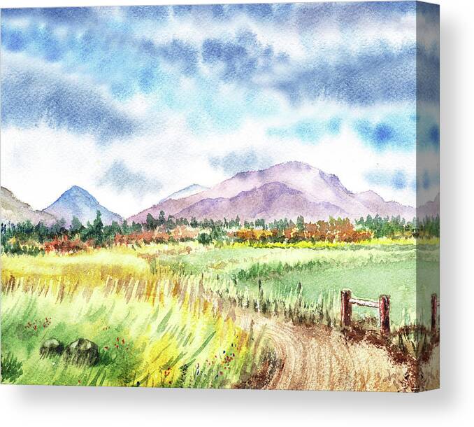 Mountains Canvas Print featuring the painting Watercolor Landscape Path To The Mountains by Irina Sztukowski