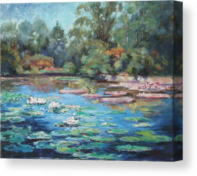 St.louis Canvas Print featuring the painting Waterlilies pond in Tower Grove Park by Irek Szelag