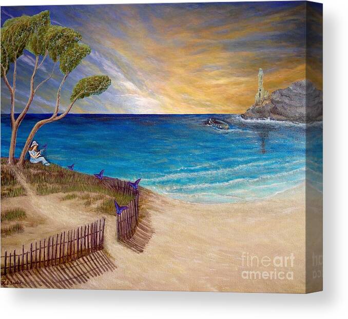 Calm And Tranquil Ocean Scene Golden Orange With White Swirls And Bright Blue Sky Mediterranean Lighthouse Set On Rocky Island Small Boat Waiting To Dock Peaceful And Calm Ocean Water Scene Glistening Golden Taupe Colored Sand On The Shore Enchanted Fence With Opening And Blue Butterflies Lighting On The Fence To Mark The Way Female Figure Sitting On A Hill Pale Blue And White Dress Holding A Book Of Literature Underneath A Mediterranean Pine Tree Acrylic And Digital Work Canvas Print featuring the painting Way to Escape by Kimberlee Baxter