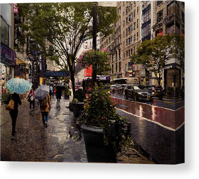 Rain Canvas Print featuring the painting West 34th Street by Kenneth Young