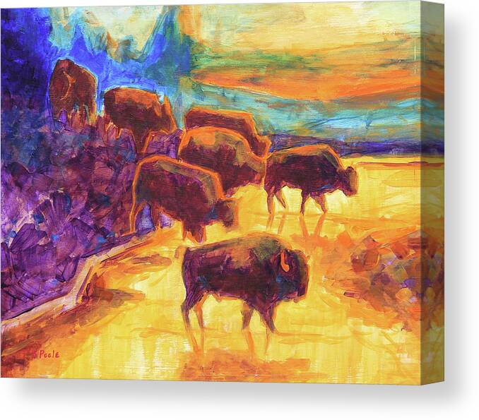 Western Buffalo Art Canvas Print featuring the painting Western Buffalo Art Bison Creek Sunset Reflections painting T Bertram Poole by Thomas Bertram POOLE