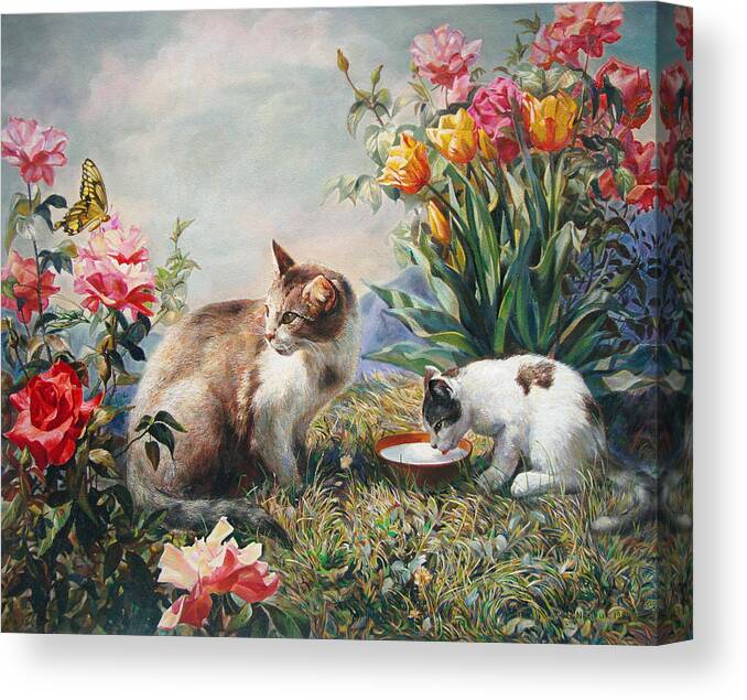 Milk Canvas Print featuring the painting What a Girl Kitten Wants by Svitozar Nenyuk
