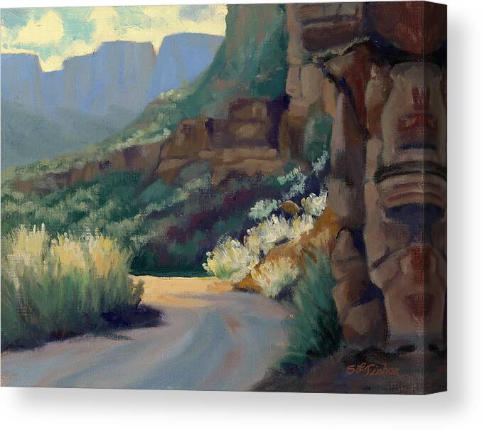 Utah Landscape Canvas Print featuring the painting Where the Road Bends by Sandy Fisher