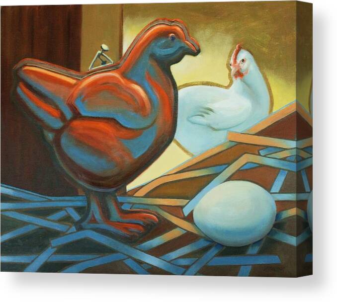 Chickens Canvas Print featuring the painting Which Came First? by Peggy Wrobleski