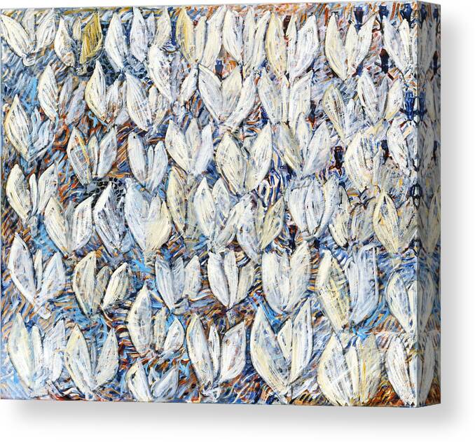 Abstract White Tulips Waving Sails Composition Blue Canvas Print featuring the painting White Tulips by Joan De Bot