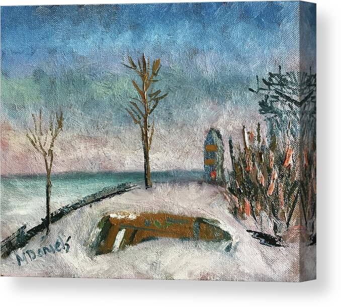 Boat Snow Lake Huron Sky Impressionism Impressionistic Michael Daniels Blue Tree Pink  Canvas Print featuring the photograph Winter Boats by Michael Daniels