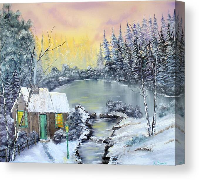 Winter Canvas Print featuring the painting Winter Cabin by Kevin Brown