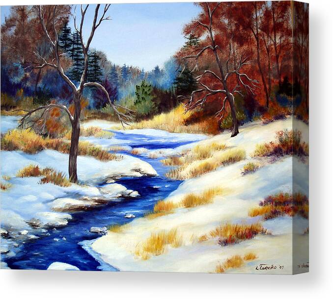 Maine Snow Winter Trees Nature Paintings Original Art Canvas Print featuring the painting Winter Stream by Laura Tasheiko