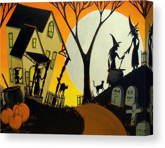 Folk Art Canvas Print featuring the painting Witch Sisters - folk art by Debbie Criswell