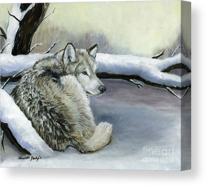 Wolf Canvas Print featuring the painting Wolf in the snow by Charlotte Yealey
