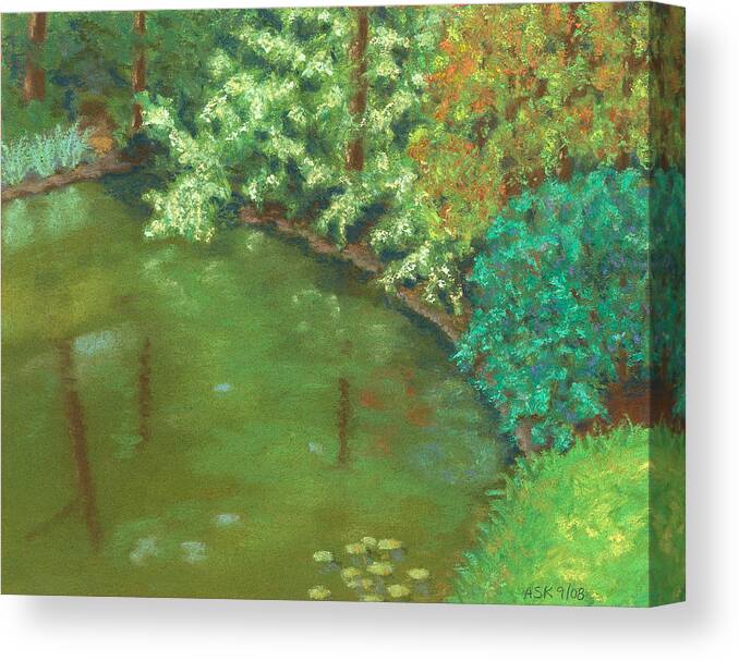Pond Canvas Print featuring the pastel Woodland Pond by Anne Katzeff
