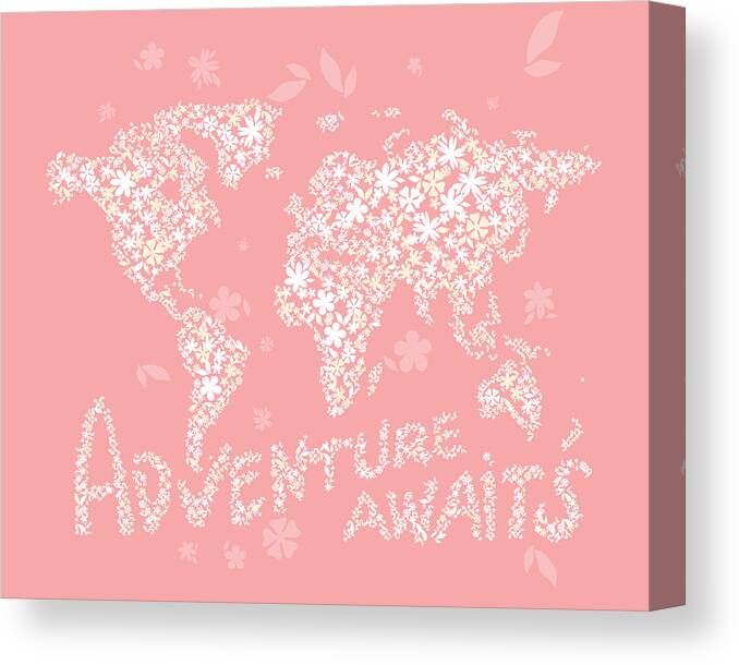 World Map Canvas Print featuring the digital art World Map White Flowers Pink by Hieu Tran