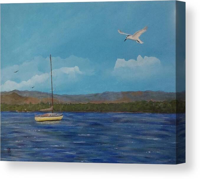 Seascape Canvas Print featuring the painting Yellow Sailboat by Tony Rodriguez