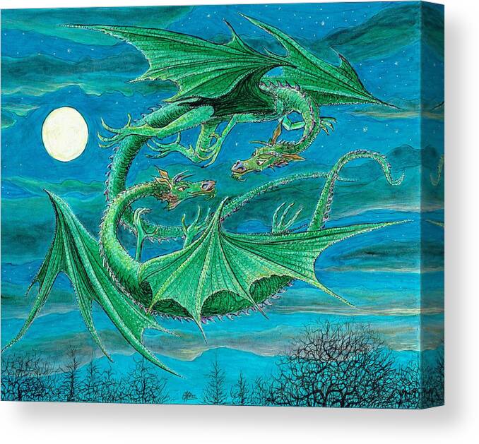 Dragon Imagination Blue Green Sky Night Child Children Fantasy Moon Moonlight Moonlit Canvas Print featuring the painting Young Dragons Frisk by Charles Cater
