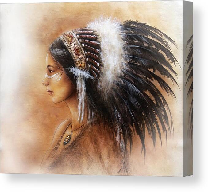 Young Indian Woman Wearing A Big Feather Headdress A Profile Portrait Structured Abstract Canvas Print / Canvas Art by Jozef Klopacka - Pixels