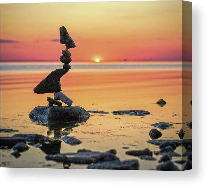 Meditation Zen Yoga Mindfulness Stones Nature Land Art Balancing Sweden Canvas Print featuring the photograph Balancing art #6-2 by Pontus Jansson