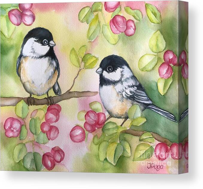 Small Birds Canvas Print featuring the painting Chickadees and apple blossoms by Inese Poga
