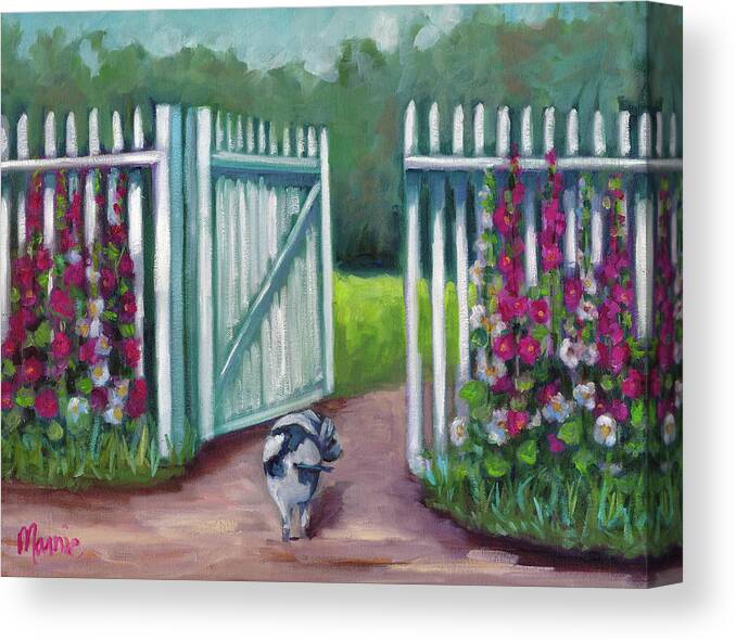 Daisy Smelling Flowers Canvas Print featuring the painting Daisy Smelling Flowers #1 by Marnie Bourque