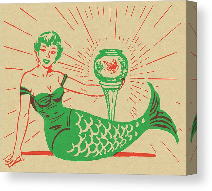 Adult Canvas Print featuring the drawing Mermaid and Fishbowl #1 by CSA Images