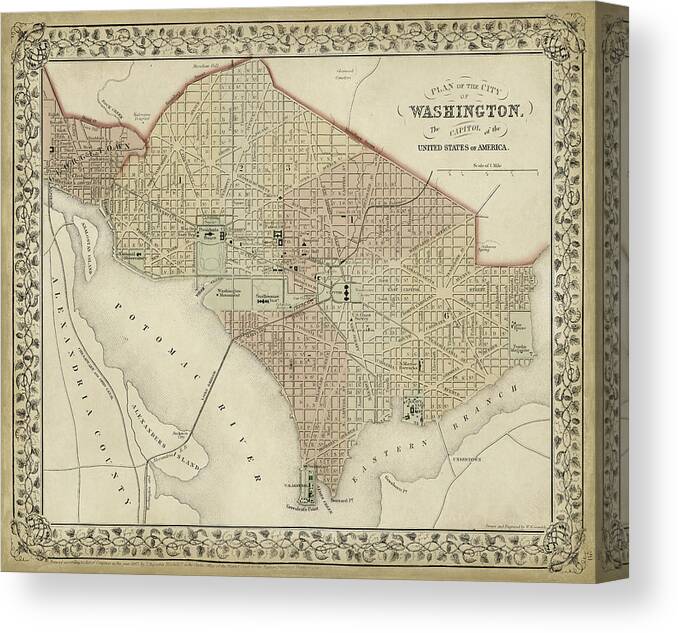 Maps Canvas Print featuring the painting Plan Of Washington, D.c. #1 by Mitchell