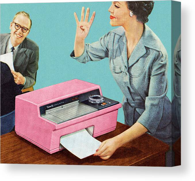 Adult Canvas Print featuring the drawing Woman Using Vintage Fax Machine #1 by CSA Images