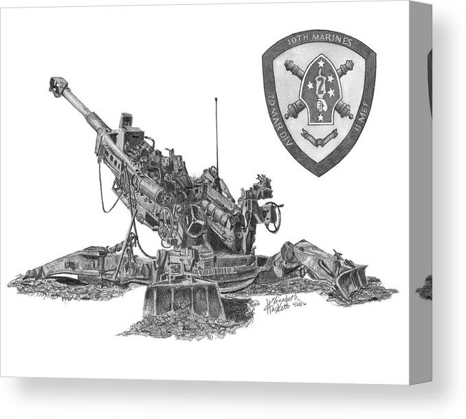 777 10th Marines Marine Howitzer 2ndmardiv Iimef Division Expeditionary Force 2nd Arty Party Guns Cannon Military Equipment Elizabeth Hackett Betsy Logo Hand Drawn Handdrawn Original Graphite Canvas Print featuring the drawing 10th Marines 777 by Betsy Hackett