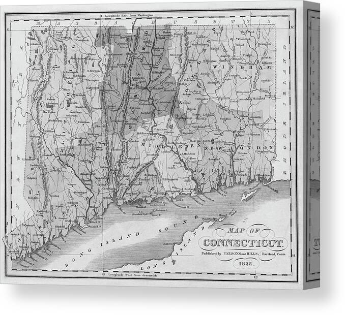 Connecticut Canvas Print featuring the photograph 1835 Map of Connecticut and Long Island Sound Historical Map Black and White by Toby McGuire