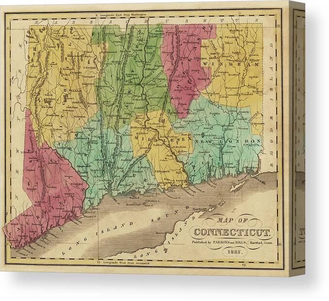 Connecticut Canvas Print featuring the digital art 1835 Map of Connecticut and Long Island Sound Historical Map by Toby McGuire