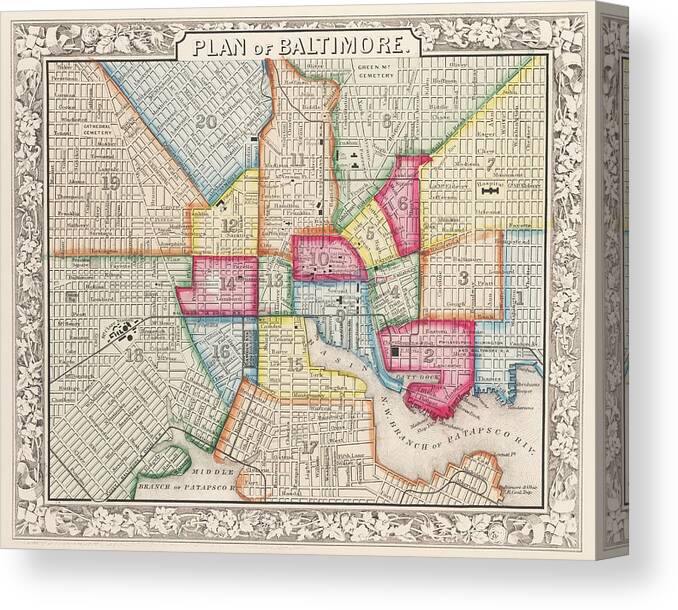 1860 Canvas Print featuring the digital art 1860 City Planner map of Baltimore Maryland by Toby McGuire