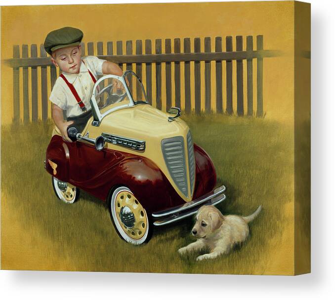 A Little Boy Sitting In An Old Model Car With A Puppy In Front Of Him On The Lawn. Nostalgic Canvas Print featuring the painting 1937 Steelcraft Dodge by David Lindsley