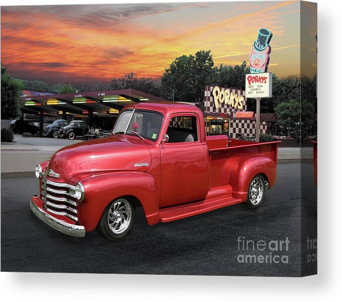 1949 Canvas Print featuring the photograph 1949 Chevy Pickup at Porky's Drive-In by Ron Long