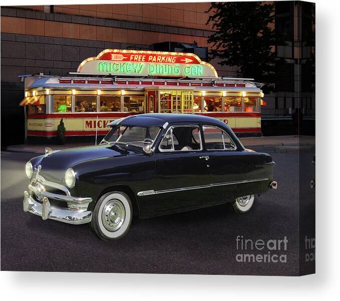 1950 Canvas Print featuring the photograph 1950 Ford, Mickey's Diner by Ron Long