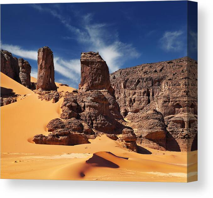 Landscape Canvas Print featuring the photograph Sand Dunes And Rocks, Sahara Desert #7 by DPK-Photo