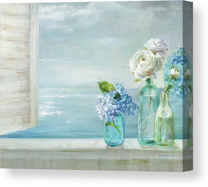 Aqua Canvas Print featuring the painting A Beautiful Day At The Beach - 3 Glass Bottles by Danhui Nai