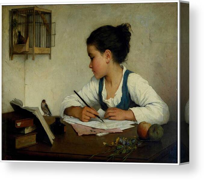 Girl Canvas Print featuring the painting A Girl Writing. The Pet Goldfinch by Henriette Browne by Celestial Images