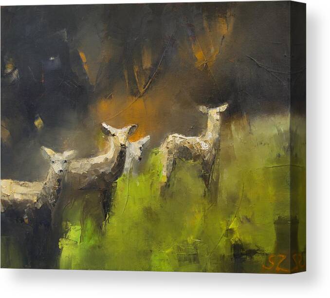 Oil Painting Canvas Print featuring the painting A glowing green touches soft feet by Suzy Norris