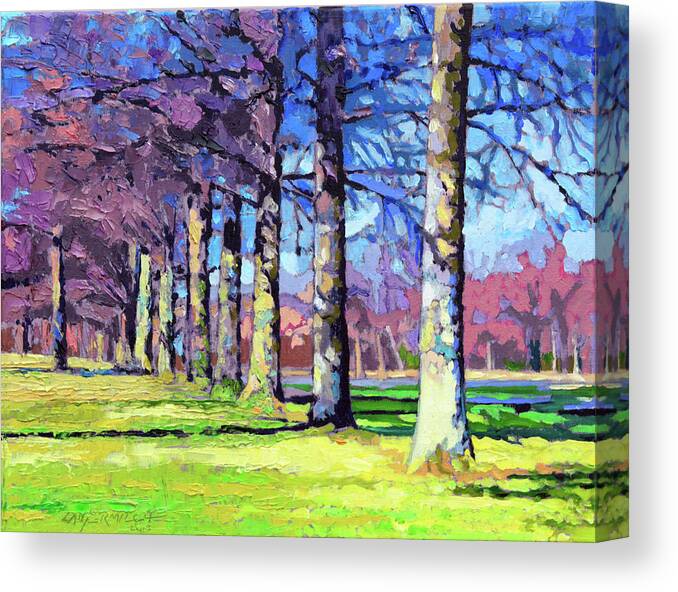 Trees Canvas Print featuring the painting A Line of Pin Oaks by John Lautermilch