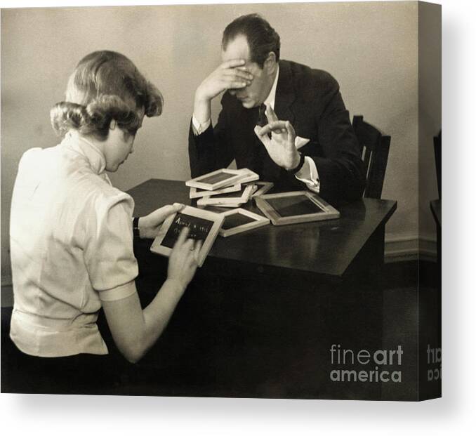 People Canvas Print featuring the photograph A Mind Reading Experiment by Bettmann