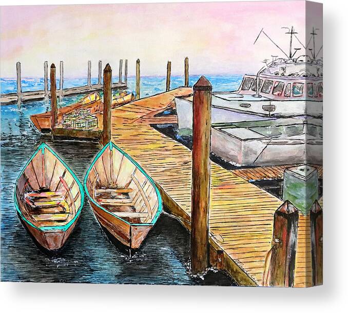 Boats Canvas Print featuring the drawing At the Dock in Gloucester Massachusetts by Michele A Loftus