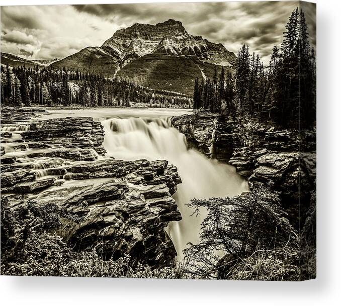 Jasper Canvas Print featuring the photograph Athabasca Falls Jasper National Park Alberta Canada Banff Sepia by Toby McGuire