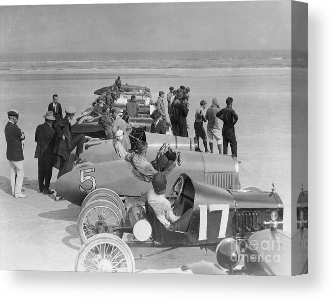 People Canvas Print featuring the photograph Auto Racing On Beach by Bettmann