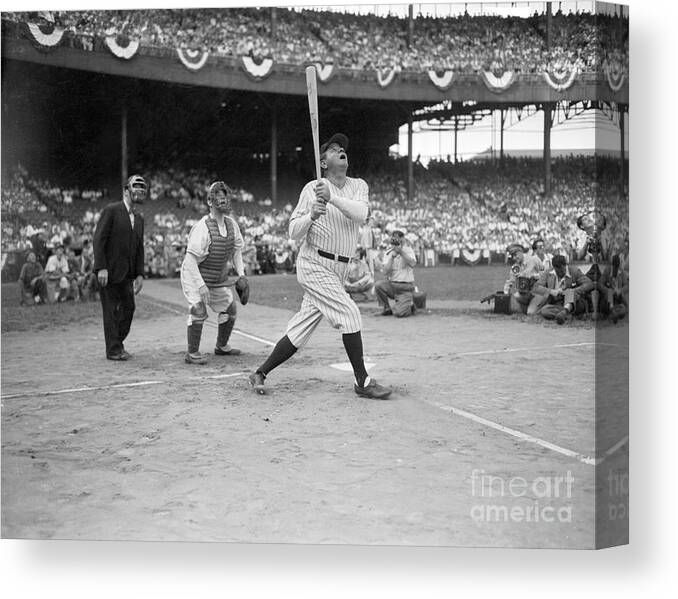 People Canvas Print featuring the photograph Babe Ruth Hitting Baseball by Bettmann