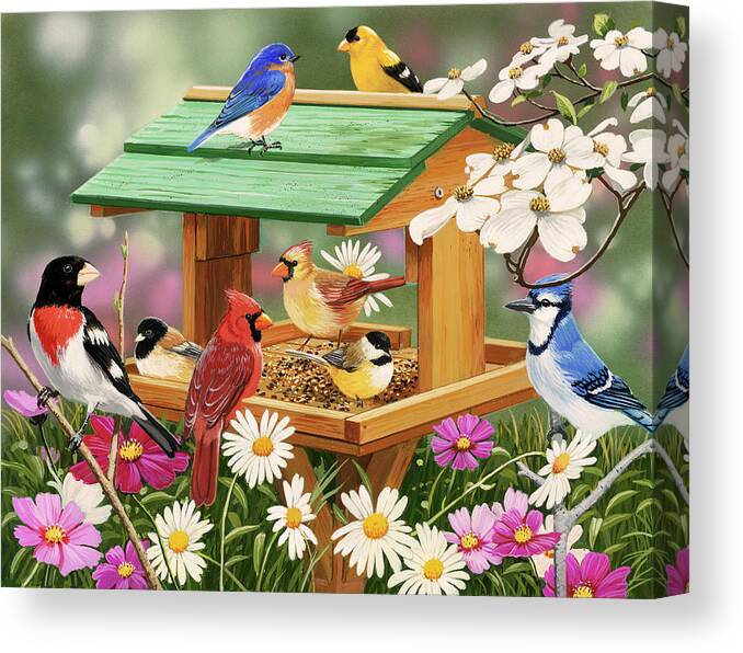 Birds Canvas Print featuring the painting Backyard Birds Spring Feast by William Vanderdasson