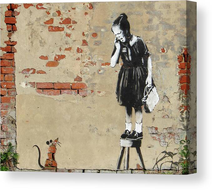 Banksy Canvas Print featuring the photograph Banksy New Orleans Girl and Mouse by Gigi Ebert