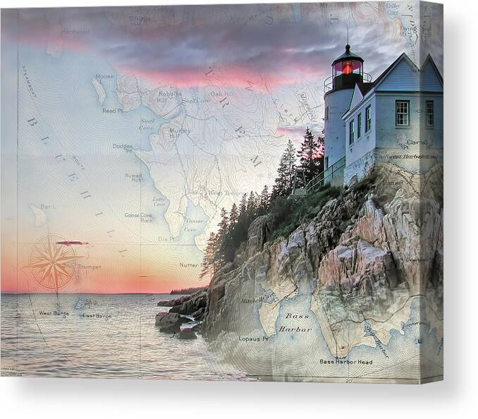 Lighthouses Of New England Canvas Print featuring the photograph Bass Harbor lighthouse on a chart by Jeff Folger