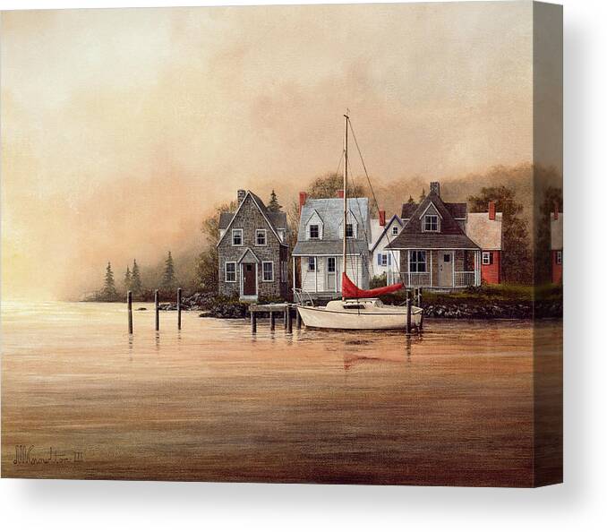 A Sailboat Docked At Sunset (or Sunrise) With Row Of Houses Behind It Canvas Print featuring the painting Bayside Splendor by David Knowlton